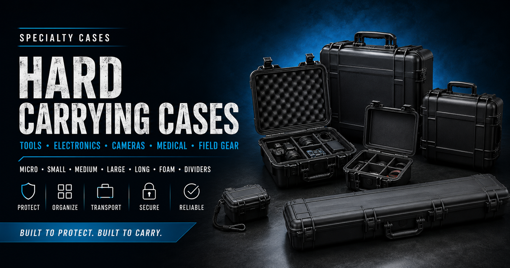Hard carrying cases for tools, electronics, cameras, medical devices, field gear, foam interiors, and divider layouts
