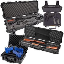 Hard shell gun cases for pistols, rifles, shotguns, bows, ammo, and protective firearm storage