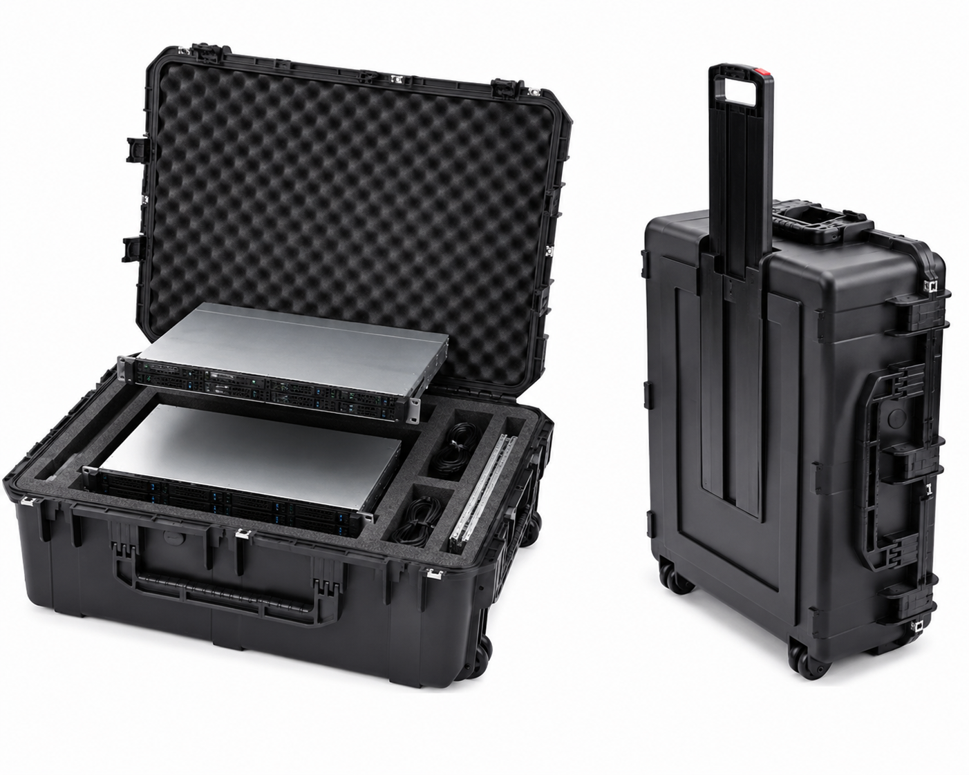 Open server shipping case with custom foam interior for Dell, HPE, Lenovo, Cisco, Supermicro, rack mount, and tower server transport
